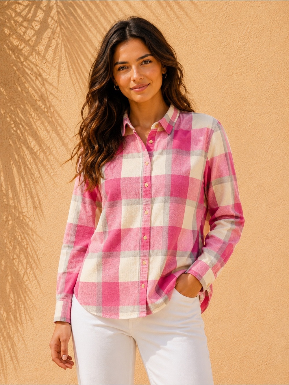 LOFT Pink and Cream Plaid Button-Down Shirt